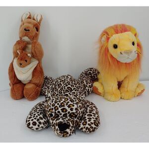 TY Lot Of 3 Beanie Baby Buddies Bushy Lion Freckles Leopard Pouch Kangaroo